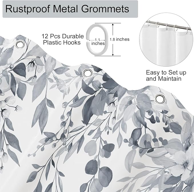 Light Grey Floral Eucalyptus Shower Curtain with Hooks, 72x78 Inch | Waterproof Fabric, Watercolor Leaves and Floral, Botanical Style, Machine Washable, Quick-Drying, for Hotel Bathroom