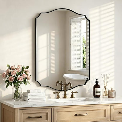 Black Vanity Wall Mirror 30"x22", Scalloped Edge Bathroom Mirror | Rust-Proof Metal Frame, Hangs Vertically/Horizontally, Decorative Bathroom Mirror, For Vanity, Bedroom & Entryway