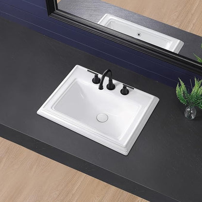 23"x18" Semi Recessed Bathroom Sink with 8-in Centerset Three 1.38" Faucet Hole Drop-in Vessel Sink White Porcelain Ceramic Modern Rectangular Sinks Basin Vanity Sinks with Overflow