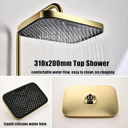 BEITH Thermostatic Shower System, 4 Piano Keys UFO Shower Faucet Set, 31x20cm Square Shower Set, Digital Display, 360° LED Ambient Light, Hydroelectric Power, with Bathtub Faucet (Brushed Gold)
