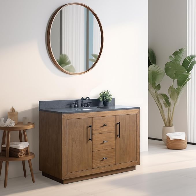 Vanity Art 48" Bathroom Vanity with Sink, Solid Poplar Wood, Vanity Cabinet with Doors and Shelf, Modern Wood Bathroom Vanity with Black Marble Top, 3 Functioning Drawers,VA70-48-T-B