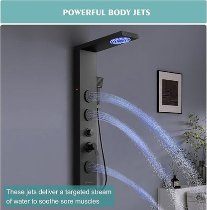 Matte Black Shower Panel for Bathroom - 5 In 1 Full Body Shower Tower With Led, Rainfall Shower Head With Powerful Body Jets, Handheld Shower And Tub Spout