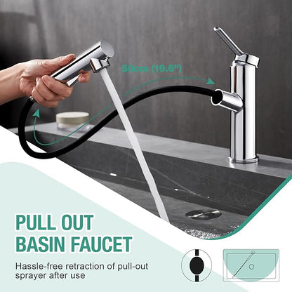 Faustina Bathroom Faucet with Pull Out Sprayer, Polished Finish Bathroom Sink Faucet for Vanity or Laundry, Stainless Steel 1 Handle with Deck Plate for 1 or 3 Hole