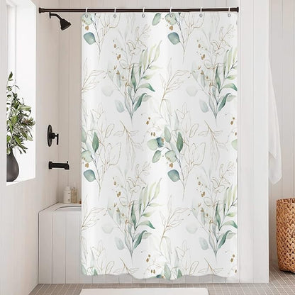 Eucalyptus Leaf Small Stall Shower Curtains(36''X72''), Weighted Bottom Sage Green Watercolor Botanical Plants with Gold Branches Spring Fabric Waterproof Hooks 72.00'' x 36.00'' (GCI-10429)