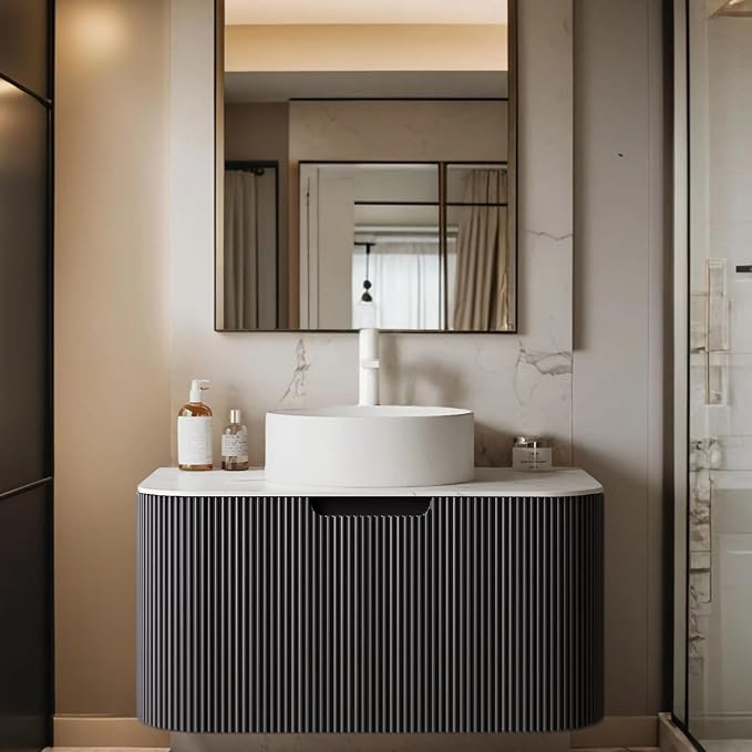 30 inch Floating Bathroom Vanity with Sink, Natural Solid Wood Modern Bathroom Vanities with Ultra-Thin Ceramic Basin and Marble Top, Soft-Close Design, Pre-Assembled, Gloss Black