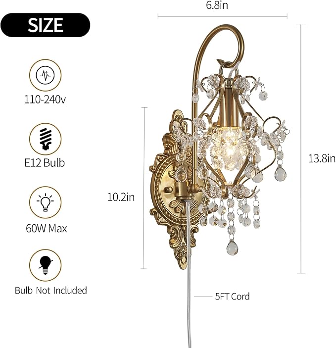 Plug in Cord Gold Crystal Vintage Indoor Wall Sconces Light Set of 2 | Modern Wall Mounted Lamp Light Fixture for Bedroom Living Room Bathroom Vanity Light Hallway Light Fixture Decor LED E12