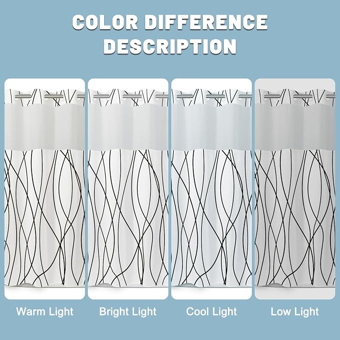 Black White No Hook Shower Curtain with Liner, 71 x 77 Inch | Stripe Pattern,Waterproof,Quick Dry,Mesh Top Window,Bottom Magnets,Hotel Style,Machine Washable,Modern,for Bathroom