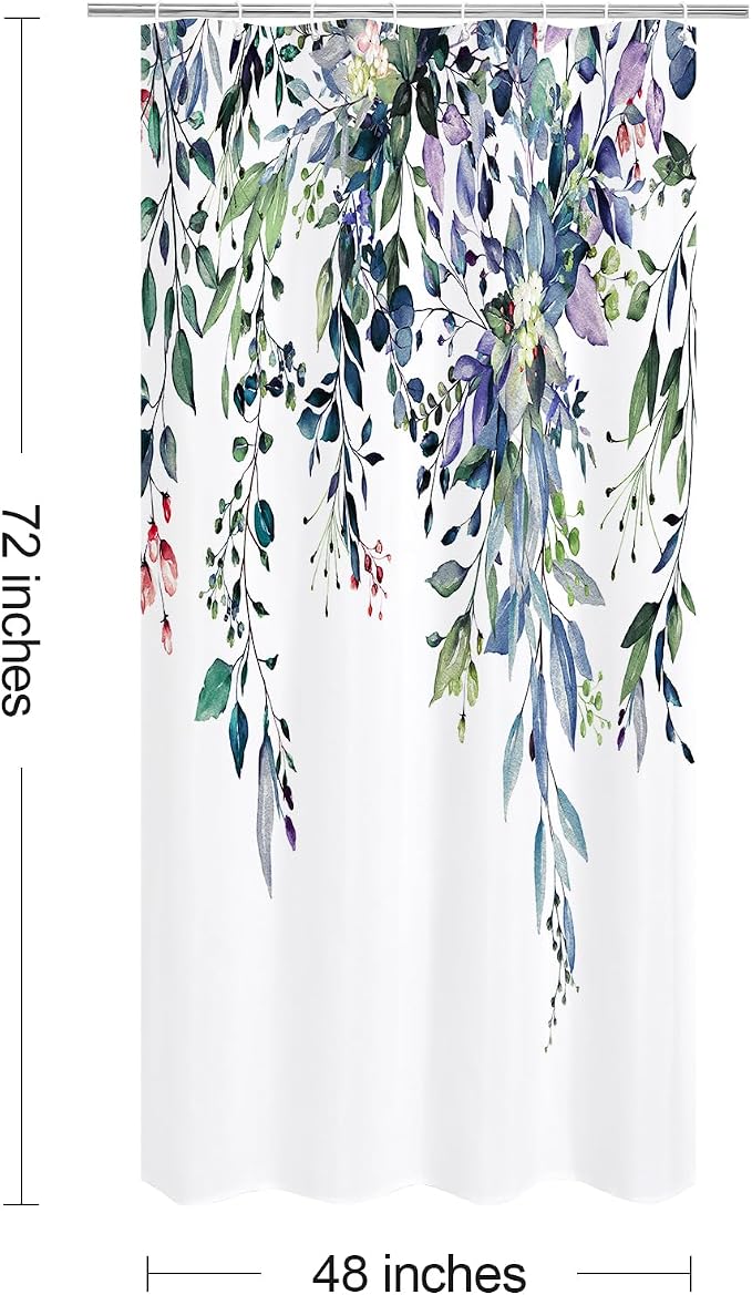 Green Eucalyptus Shower Curtain, Watercolor Floral Print, 48x72 | Watercolor Plant Leaves Floral Print, Stall Waterproof Fabric Bathroom Decor, Machine Washable, Rustproof Grommets