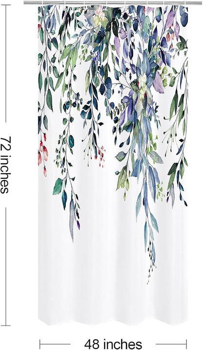 Green Eucalyptus Shower Curtain, Watercolor Floral Print, 48x72 | Watercolor Plant Leaves Floral Print, Stall Waterproof Fabric Bathroom Decor, Machine Washable, Rustproof Grommets