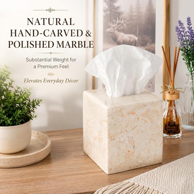Creative Home Natural Marble Tissue Box Cover, Square Beige Tissue Holder