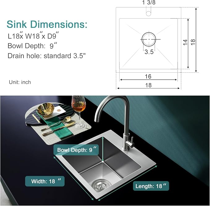 Brushed Topmount Kitchen Sink - 18”×18” Single Bowl Sink | 8 Inch Deep Handmade Bar Sink with Strainer, Stainless Steel 304, Rear Drain, X-Groove Drainage, Sound-Dampening Pad