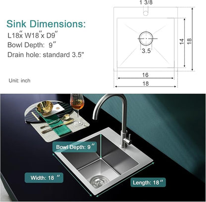 Brushed Topmount Kitchen Sink - 18”×18” Single Bowl Sink | 8 Inch Deep Handmade Bar Sink with Strainer, Stainless Steel 304, Rear Drain, X-Groove Drainage, Sound-Dampening Pad
