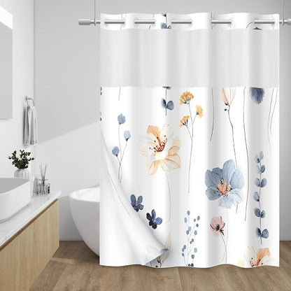 No Hook Floral Shower Curtain with Liner, Blue Beige, 71x74 | Snap in Liner, 3 in 1, Water Repellent, Easy Install, Machine Washable, Hotel Style for Bathroom, Watercolor Pattern