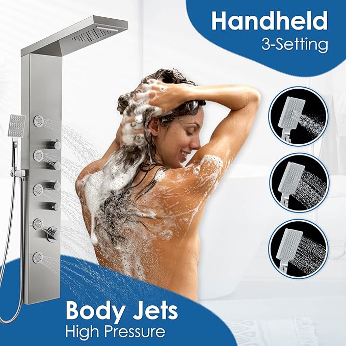 ROVOGO Shower Panel Tower with Rainfall Waterfall Shower Head, 5 Body Jets and 3-Function Handheld, High Pressure Rain Massage System, Wall-Mount Shower Column, 304 Stainless Steel Brushed
