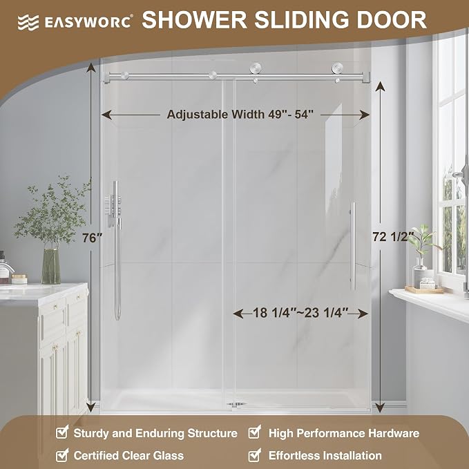 49-54" W x 76" H Frameless Sliding Shower Doors Brushed Nickel | 1/4''(6mm) Tempered Glass,Explosion Proof Film,Nano Coating,Stainless Steel Hardware,Easy to Clean,Customizable Width