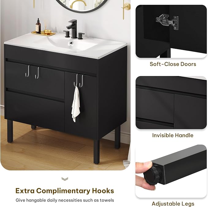 YITAHOME 36 Inch Bathroom Vanity with Sink | Bathroom Cabinet Vanity for Media Space, Freestanding Storage Bathroom Vanity with 1 Soft Closing Cabinet & 2 Drawers, Black