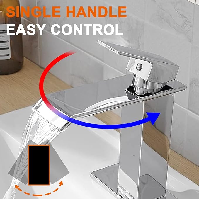 Chrome Waterfall Bathroom Faucet 1 Hole Deck Mount, Single Handle Bathroom Sink Faucet Modern Polished Lavatory Vanity Mixer Tap Commercial with Pop Up Drain