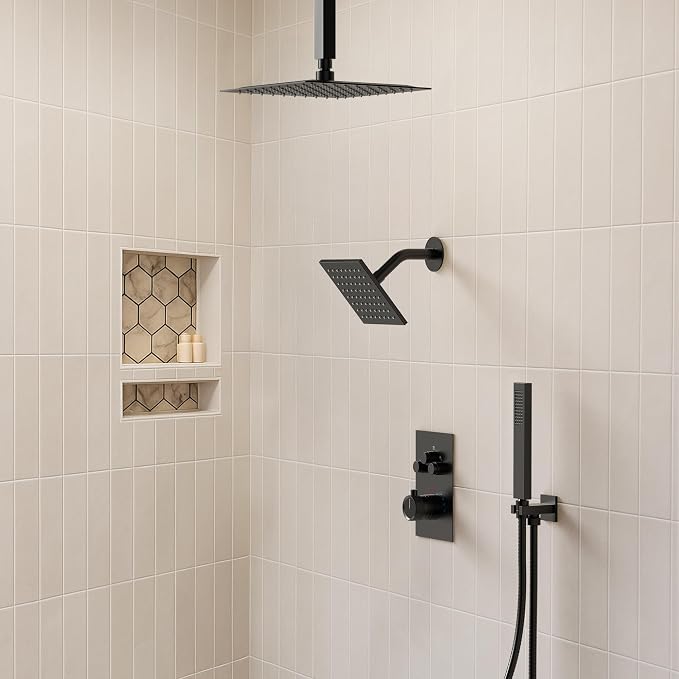 Ceiling Mount 12" High-Pressure Rainfall Shower Faucet, Dual Rainfall Shower Head System with Valve (Matte Black)
