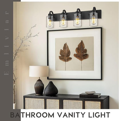 Emliviar Black Bathroom Vanity Light 4 Lights, Bath Lighting Over Mirror with Clear Glass Shade, YCE237B-4W BK