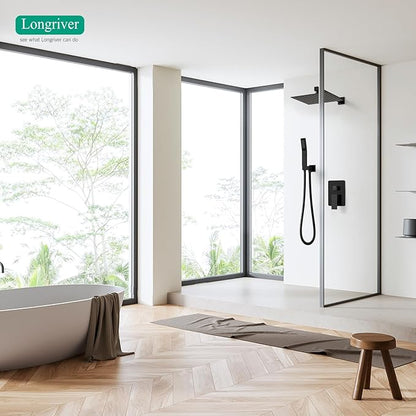 Longriver S200 Shower Faucet Set, Shower System Bathroom High Pressure 10 Inches Rainfall Shower Head with Handheld Spray, Wall Mounted Shower Fixtures with Shower Valve and Trim Kit, Matte Black