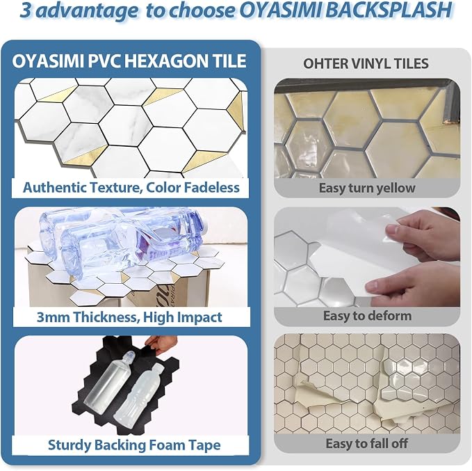 20-Sheet Heavy-Duty Hexagon Peel and Stick Backsplash, Thick Waterproof &Heat Resistant Stick on Wall Tiles, Marble White Mosaic for Kitchen & Bathroom, Strong Adhesive Permanent PVC Tiles