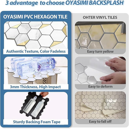 20-Sheet Heavy-Duty Hexagon Peel and Stick Backsplash, Thick Waterproof &Heat Resistant Stick on Wall Tiles, Marble White Mosaic for Kitchen & Bathroom, Strong Adhesive Permanent PVC Tiles