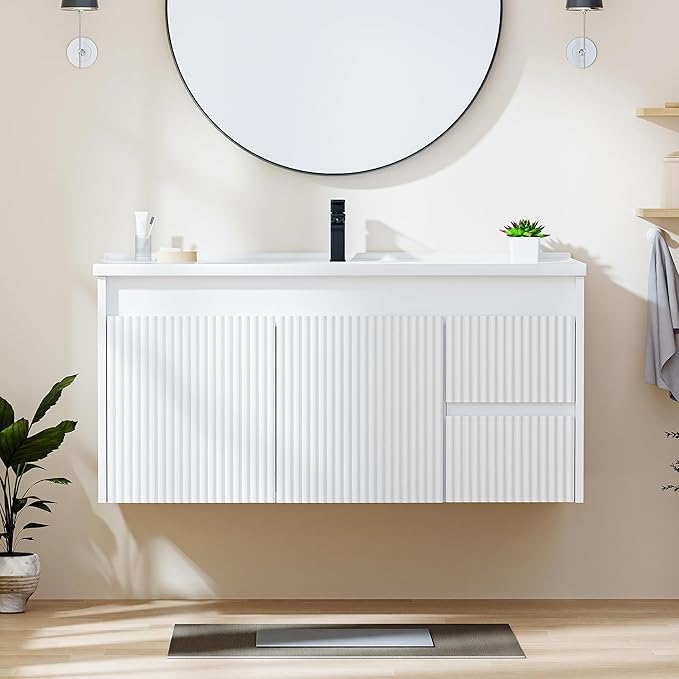 Floating Bathroom Vanity with Sink, 40 Inch Wall Mounted Bathroom Vanity with 2 Drawers and Wave-Carved Design Door, Modern Wooden Cabinet with Ceramic Sink and Storage, White