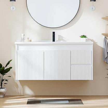 Floating Bathroom Vanity with Sink, 40 Inch Wall Mounted Bathroom Vanity with 2 Drawers and Wave-Carved Design Door, Modern Wooden Cabinet with Ceramic Sink and Storage, White