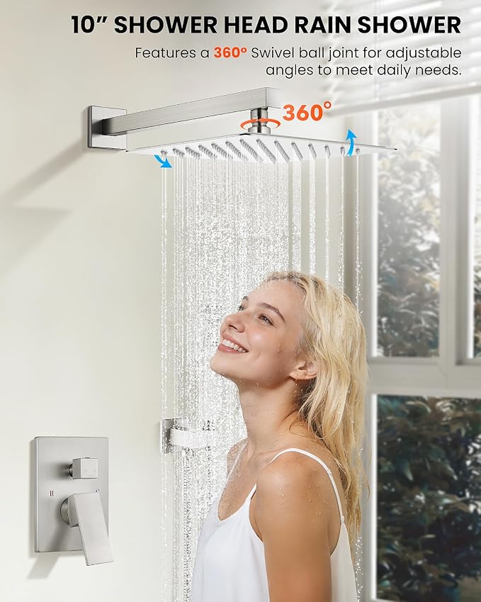 gotonovo Tub Shower Faucet Set with Valve 10'' Rain Head,Brushed Nickel | Waterfall Tub Spout Shower System,Bathtub Faucet Set,SUS304 Rain Head with Handheld,Brass Valve Trim Kit,All Metal,Wall Mount