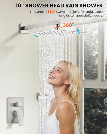 gotonovo Tub Shower Faucet Set with Valve 10'' Rain Head,Brushed Nickel | Waterfall Tub Spout Shower System,Bathtub Faucet Set,SUS304 Rain Head with Handheld,Brass Valve Trim Kit,All Metal,Wall Mount