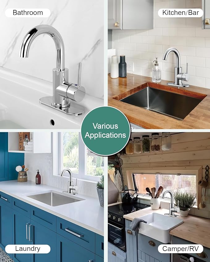 RKF Single-Handle Swivel Spout Bathroom Sink Faucet with Pop-up Drain with Overflow and Supply Hose,Bar Sink Faucet,Small Kitchen Faucet Tap,Chrome Polished,BF3501P-CP2