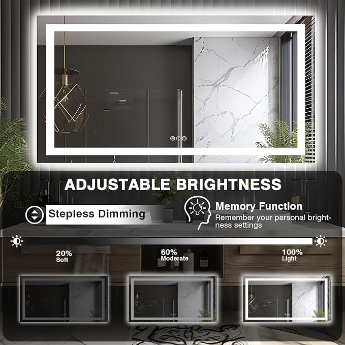 EchosLife 66"x36" LED Lit Bathroom Mirror | Backlit + Front Lit, Anti-Fog, Stepless Dimmable, 3 Colors, Memory, Tempered Glass, UL Listed, Horizontal/Vertical