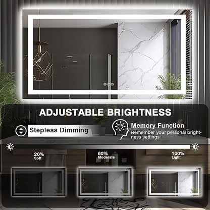 EchosLife 66"x36" LED Lit Bathroom Mirror | Backlit + Front Lit, Anti-Fog, Stepless Dimmable, 3 Colors, Memory, Tempered Glass, UL Listed, Horizontal/Vertical