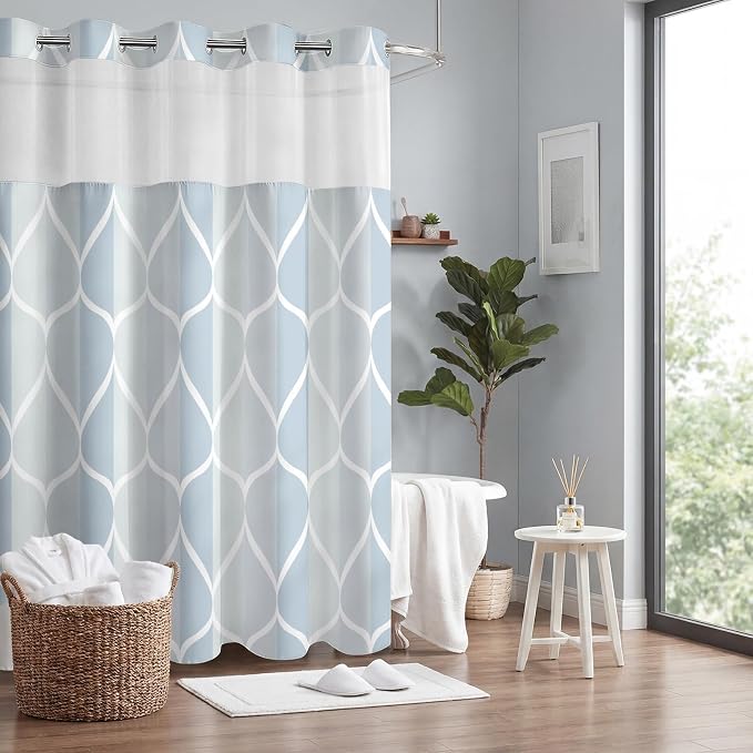 Gelbchu Dark Blue No Hook Shower Curtain with Snap-in Liner, 71 x 74 Inch | Built-In Hooks, Mesh Top Window, Water-Repellent, Machine Washable, Quick Drying, Premium Polyester, Hotel Style, Modern