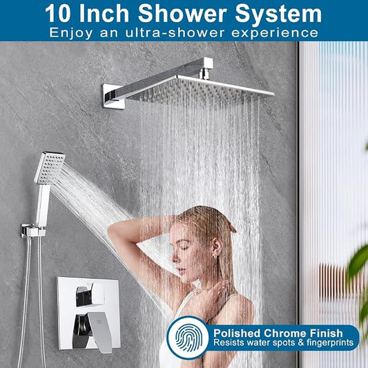 Shower Faucet Set Chrome 10 Inch Shower Head and Handle Set Bathroom Rain Shower System Wall Mounted Shower Fixture Include Shower Valve and Trim Kit