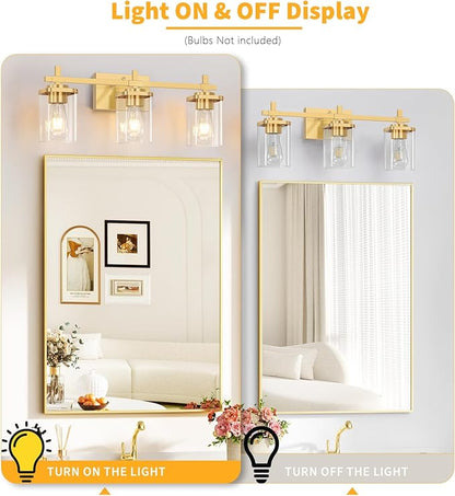 3-Lights Gold Bathroom Light Fixtures, Bathroom Vanity Light Over Mirror, Brushed Gold Wall Lights with Glass Shades, Indoor Wall Mounted Lamp for Living Room Bedroom Hallway