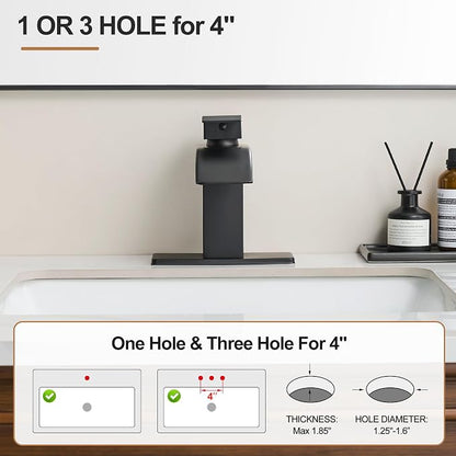 Waterfall Bathroom Faucet, Single Handle Matte Black Sink Faucet 1 Hole or 3 Hole for Lavatory, Washbasin, Vanity, Commercial, with Deck, Pop-up Drain and Supply Hoses