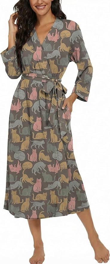 VINTATRE Women Kimono Robes Long Knit Bathrobe Lightweight Soft Knit Sleepwear V-neck Casual Ladies Loungewear