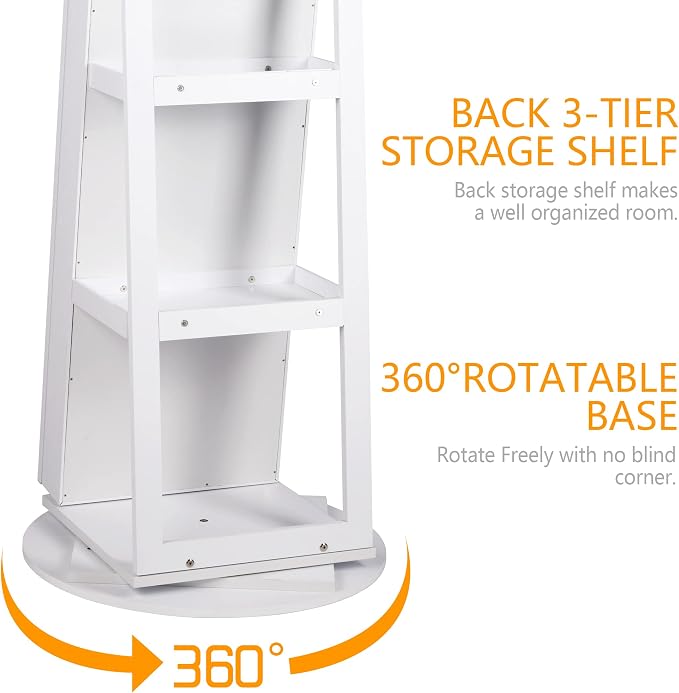 LVSOMT Standing Jewelry Cabinet with Sliding Full Length Mirror, White | 360° Swivel Mirror with Jewelry Storage, Lockable Jewelry Armoire Organizer with 3 Rear Shelves for Bedroom, Gift for Women