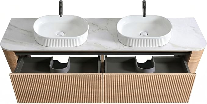 72" Preassembled Double Floating Bathroom Vanity with White Sink, Oak | Mid-Century Modern Style, Fluted & Soft-Close Drawer with U-shaped Wall, Sinterted Stone Countertop, Towel Rack Included