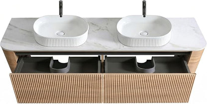72" Preassembled Double Floating Bathroom Vanity with White Sink, Oak | Mid-Century Modern Style, Fluted & Soft-Close Drawer with U-shaped Wall, Sinterted Stone Countertop, Towel Rack Included