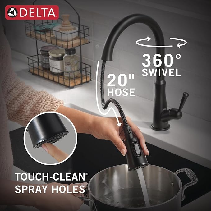 Delta Westville Matte Black Kitchen Faucet with Pull Down Sprayer, Contemporary Single Hole Kitchen Sink Faucet, Single Handle, Matte Black 9110-BL-DST