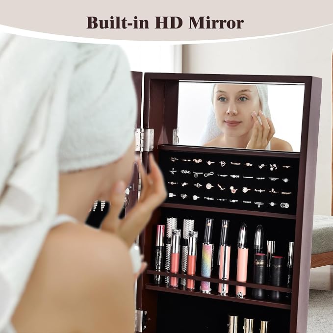 Moccha 18 LEDs Standing Jewelry Armoire, Large Lockable Jewelry Organizer, Mirrored Jewelry Cabinet with Full Length Mirror, 1 Inside Makeup Mirror, 4 Storage Shelves, 16 Lipstick Holders, Brown