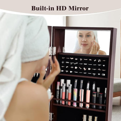 Jewelry Armoire with 18 LED Lights, Freestanding Jewelry Organizer with Full-length Mirror, Large Storage Mirrored Jewelry Cabinet with 16 Lipstick Holders, for Bedroom, Dressing Room (Brown)