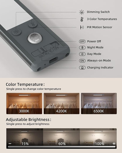 EZVALO 14.5 inch Under Cabinet Lighting, 3200mAh Rechargeable Motion Sensor Lights Indoor 3 Color Temps, Magnetic Stick On LED Closet Lights Wireless, Dimmable Under Counter Lights for Kitchen- 2 Pack