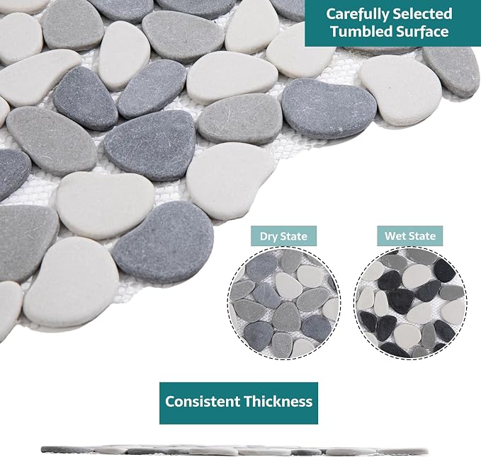 Pebble Tile, Grey with White Pebble Tiles for Shower Floor Kitchen Backsplash Bathroom Wall and Floor Tile, 5 Sheets