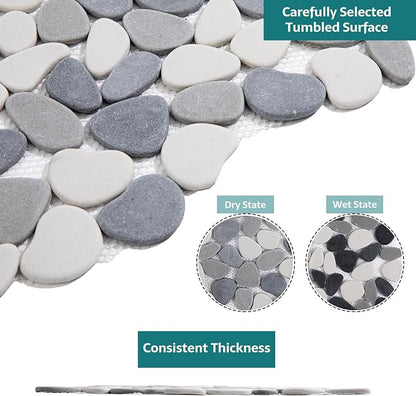 Pebble Tile, Grey with White Pebble Tiles for Shower Floor Kitchen Backsplash Bathroom Wall and Floor Tile, 5 Sheets