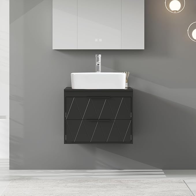 eclife 24" Floating Bathroom Vanities with Sink Combo, Wall Mounted Modern Cabinet W/Diamond Line Pattern Design, White Rectangle Ceramic Vessel Sink W/Water Save Faucet & Pop Up Drain, Black