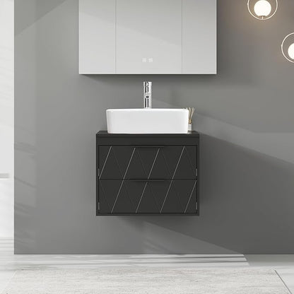 eclife 24" Floating Bathroom Vanities with Sink Combo, Wall Mounted Modern Cabinet W/Diamond Line Pattern Design, White Rectangle Ceramic Vessel Sink W/Water Save Faucet & Pop Up Drain, Black