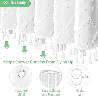 Stall Boho Farmhouse Shower Curtain Tufted Geometric 48"x72" White | 48 Inch Wide, Elegant Tassel, Lightweight Textured Fabric, Water Repellent, Washable, for Narrow Bathroom/Dorm 8 Hooks